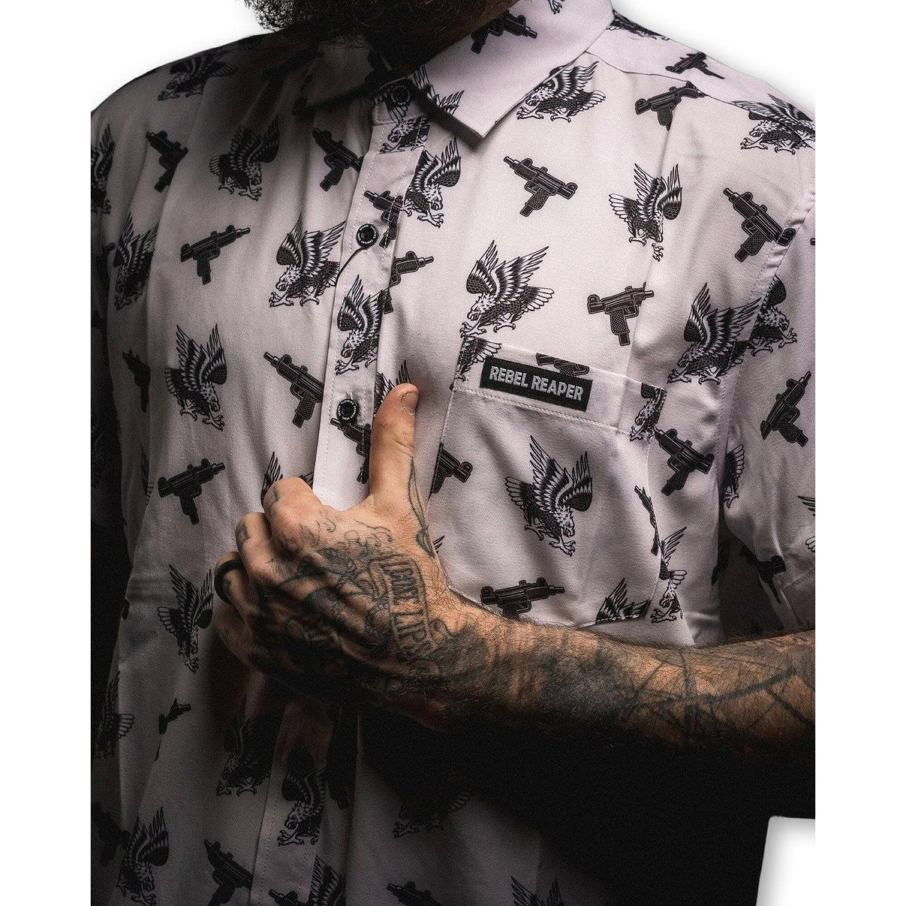 Uzi & Eagles Tattoo Flash | Button Up Shirt | White