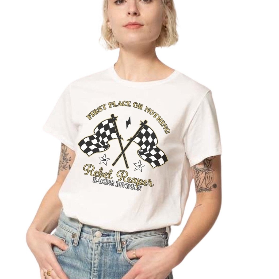 Women's Vintage White Checkered Flag Relax Tee - Rebel Reaper Clothing Company Women's Shirts