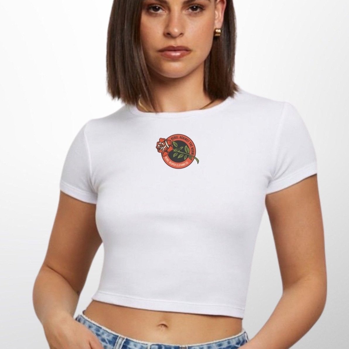 Women's White Simple Rose Baby Tee - Rebel Reaper Clothing Company Women's Shirts